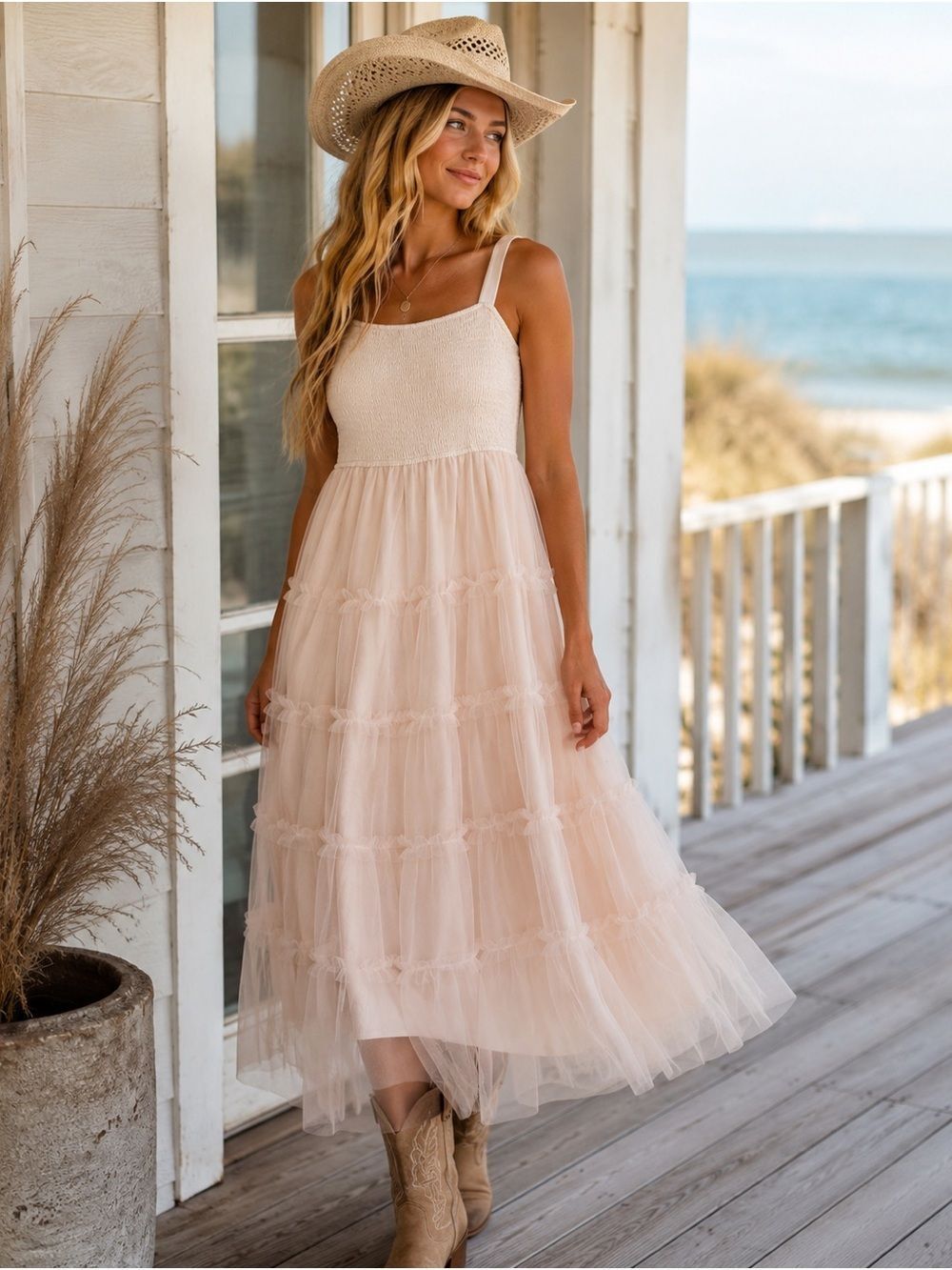 Boho Tiered Tulle Maxi Dress in Cream